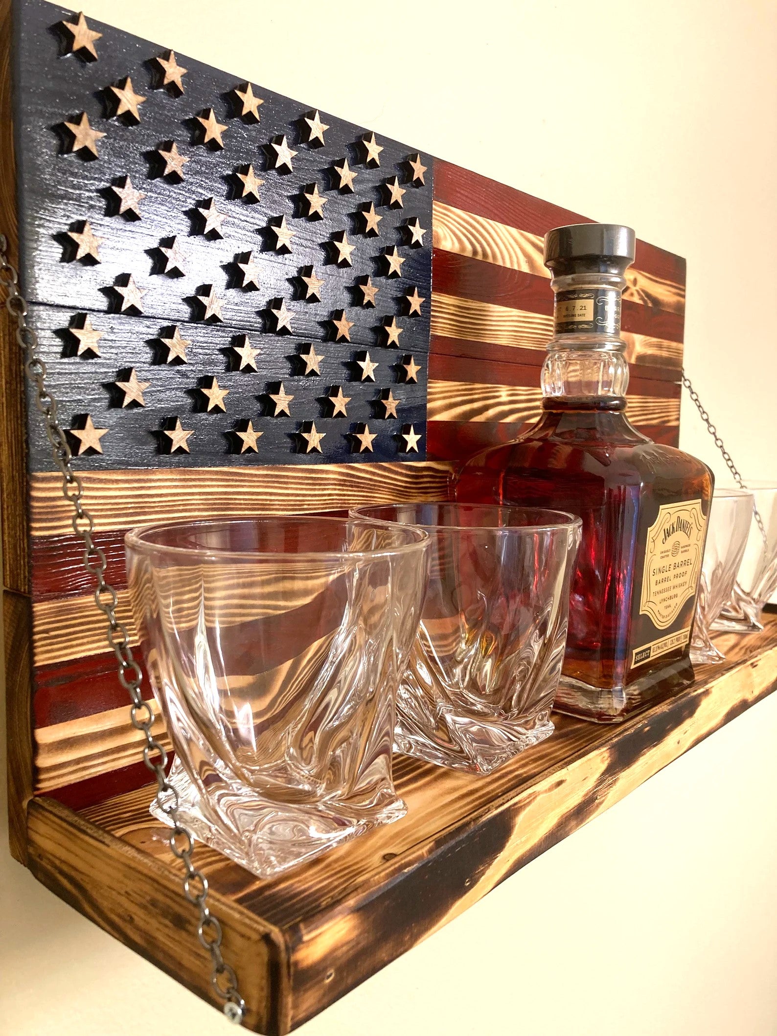 Whiskey Bottle Rack - Blue with Red Stripes and Burnt Wood For the Bar 13 Stripes
