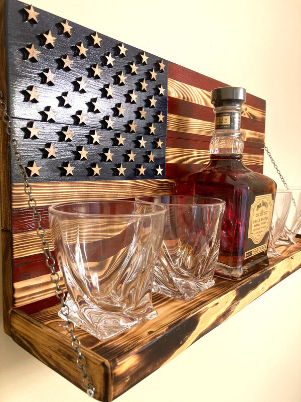 Whiskey Bottle Rack - Blue with Red Stripes and Burnt Wood For the Bar 13 Stripes