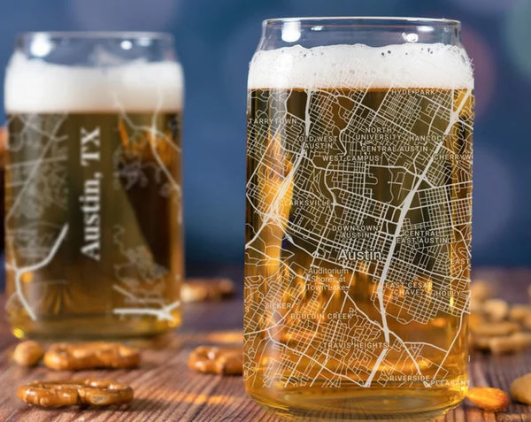 City Map Beer Can Glass - Top 50 US Cities For the Bar Hometown Gifts Austin TX
