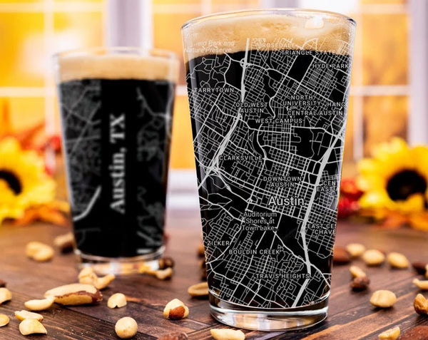 City Map Pint Glass - Top 50 US Cities For the Bar Hometown Gifts Austin TX