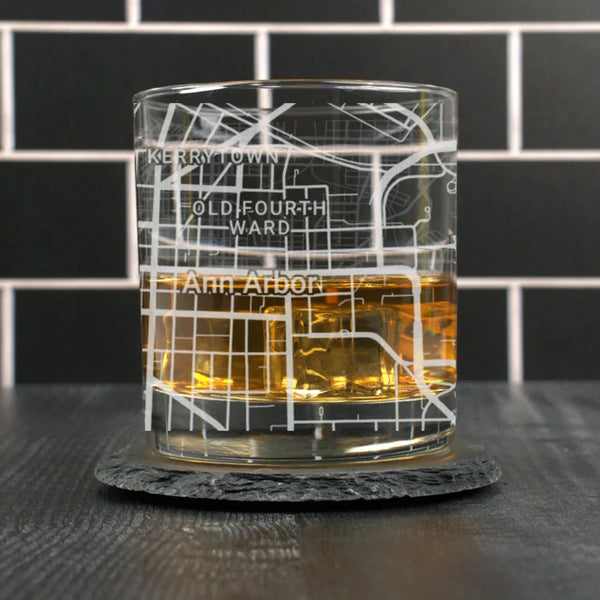 City Map Rocks Glass - Top 50 US Cities For the Bar Hometown Gifts Ann Arbor MI