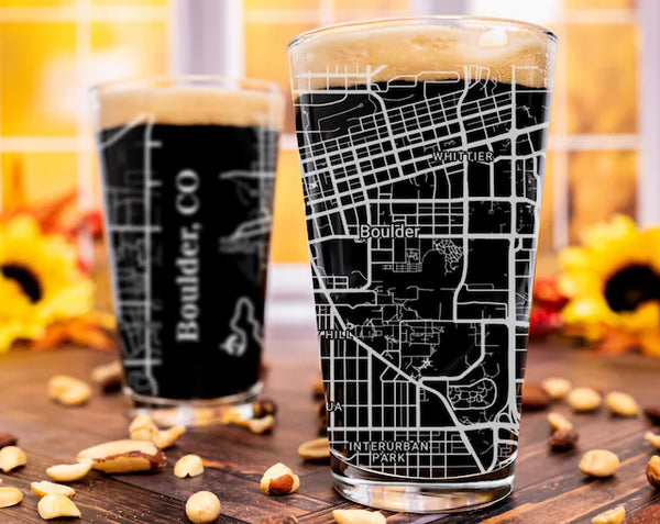 City Map Pint Glass - Top 50 US Cities For the Bar Hometown Gifts Boulder CO