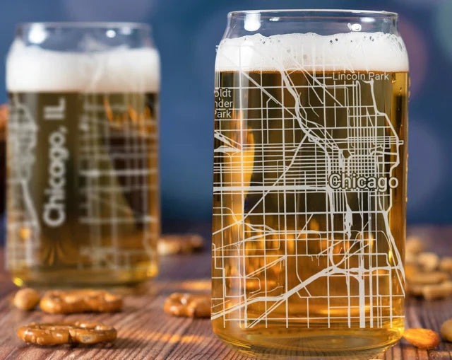 City Map Beer Can Glass - Top 50 US Cities For the Bar Hometown Gifts Chicago IL