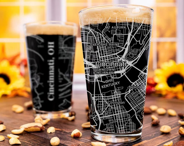 City Map Pint Glass - Top 50 US Cities For the Bar Hometown Gifts Cincinnati OH