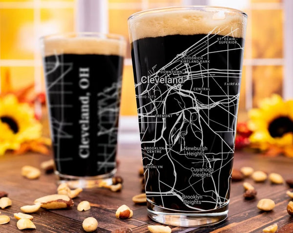City Map Pint Glass - Top 50 US Cities For the Bar Hometown Gifts Cleveland OH