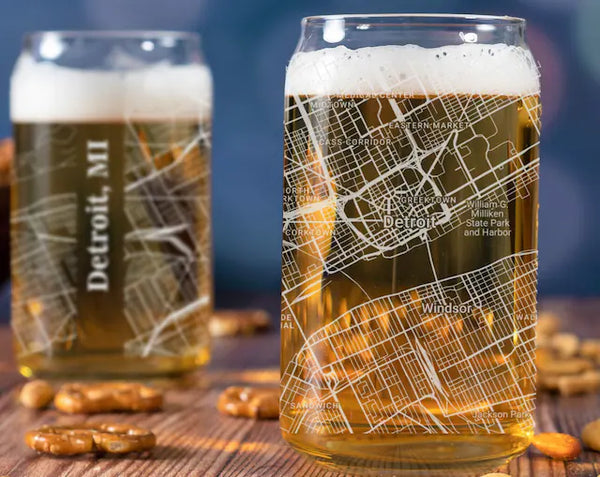 City Map Beer Can Glass - Top 50 US Cities For the Bar Hometown Gifts Detroit MI