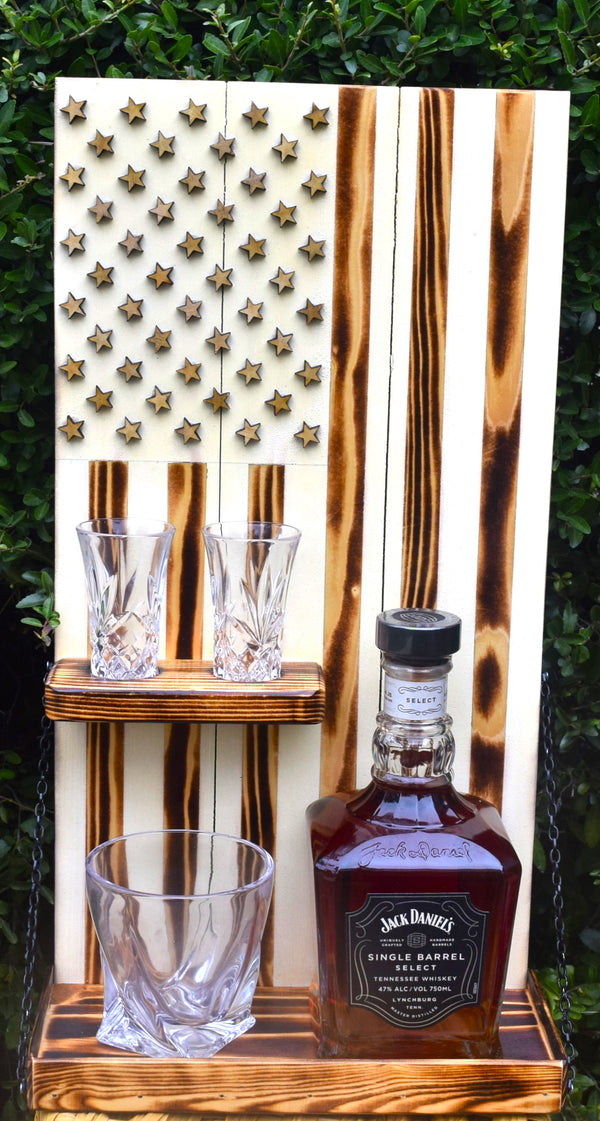Whiskey Bottle Rack - White With Shot Glass Shelf For the Bar 13 Stripes