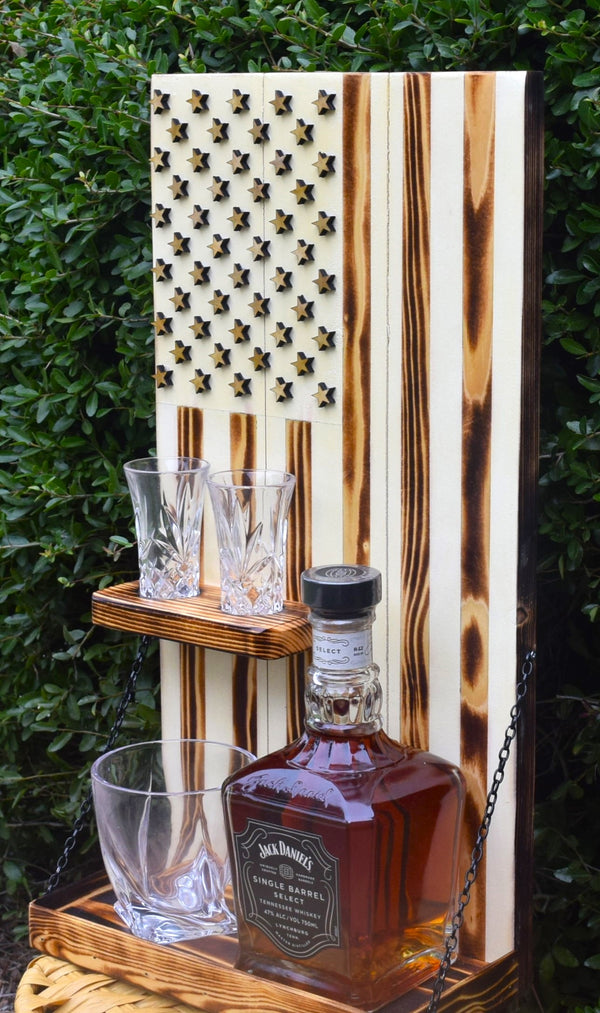 Whiskey Bottle Rack - White With Shot Glass Shelf For the Bar 13 Stripes