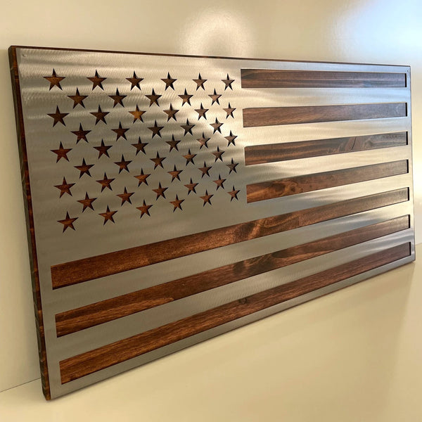 Metal American Flag on Dark Wood For the Man Cave McCurdy Woodworking