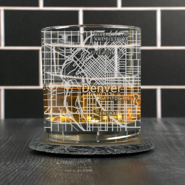 City Map Rocks Glass - Top 50 US Cities For the Bar Hometown Gifts Denver CO