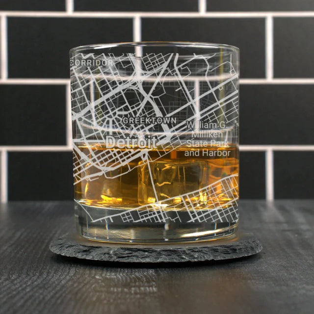 City Map Rocks Glass - Top 50 US Cities For the Bar Hometown Gifts Detroit MI