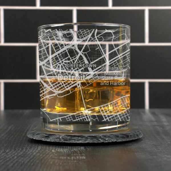City Map Rocks Glass - Top 50 US Cities For the Bar Hometown Gifts Detroit MI