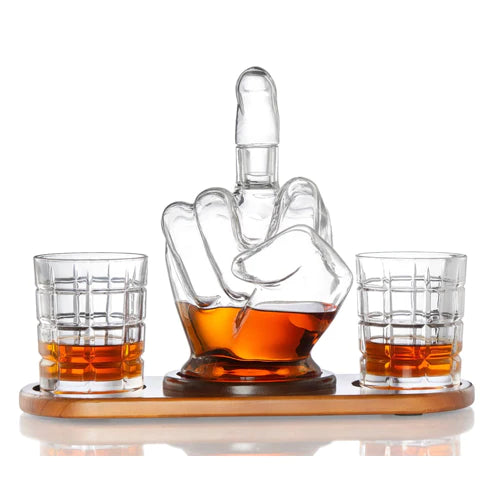 Middle Finger Whiskey Decanter - with 2 Cut Glass Rocks Glasses For the Bar The Diamond Glassware