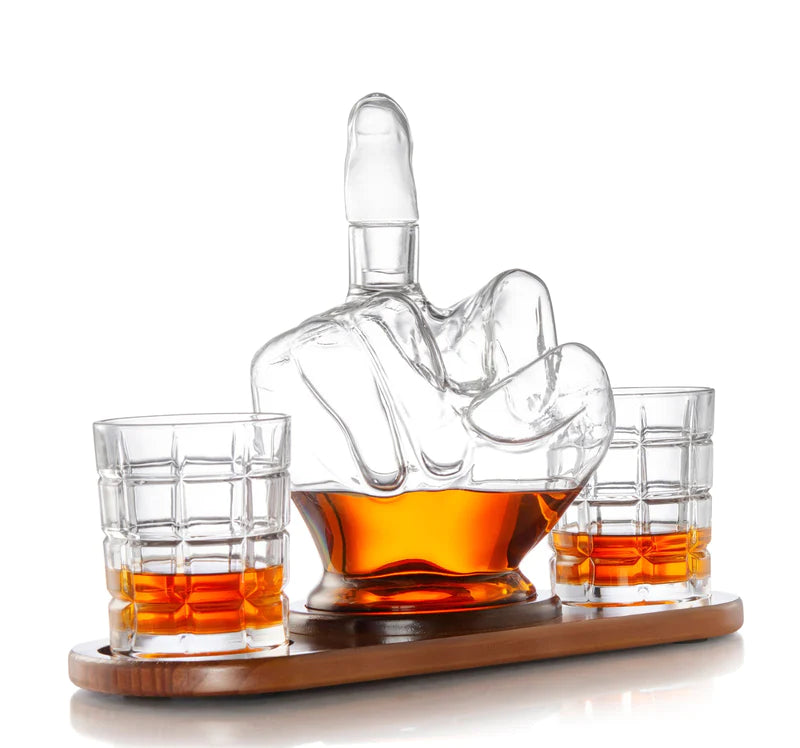 Middle Finger Whiskey Decanter - with 2 Cut Glass Rocks Glasses For the Bar The Diamond Glassware