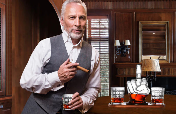 Middle Finger Whiskey Decanter - with 2 Cut Glass Rocks Glasses For the Bar The Diamond Glassware