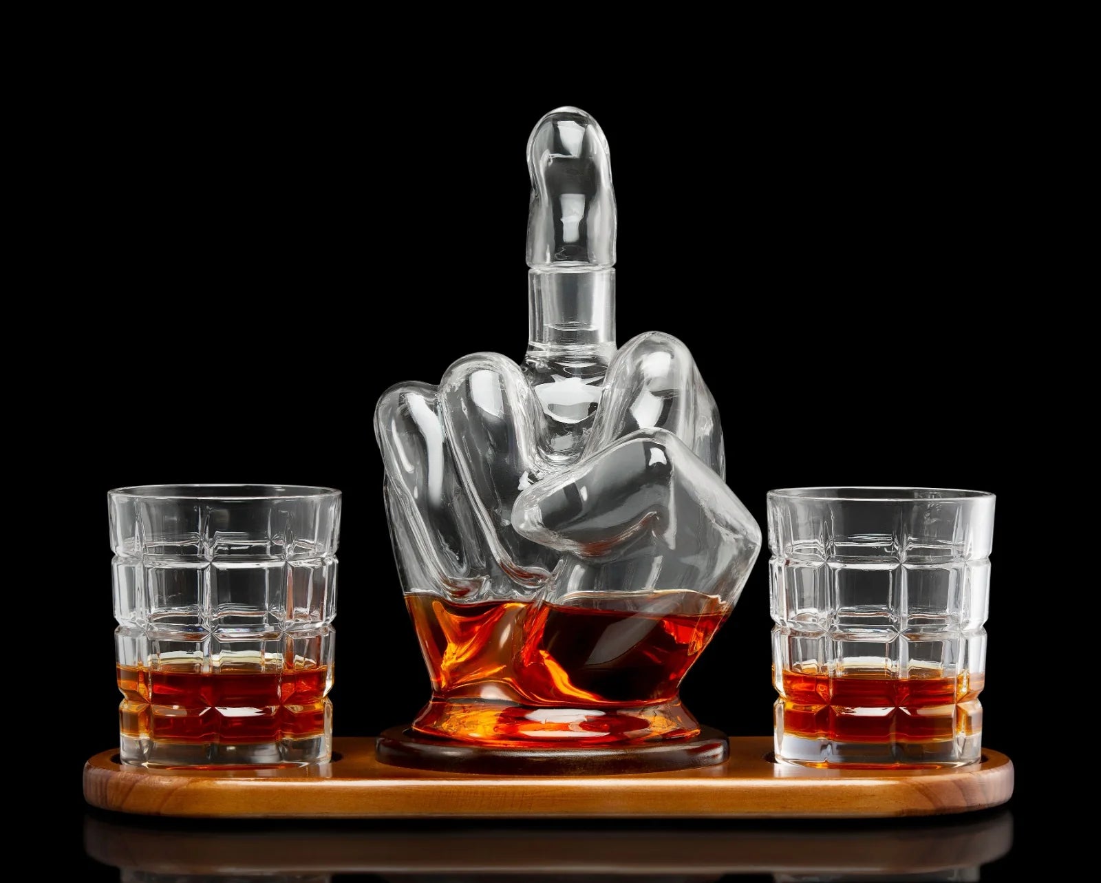 Middle Finger Whiskey Decanter - with 2 Cut Glass Rocks Glasses For the Bar The Diamond Glassware