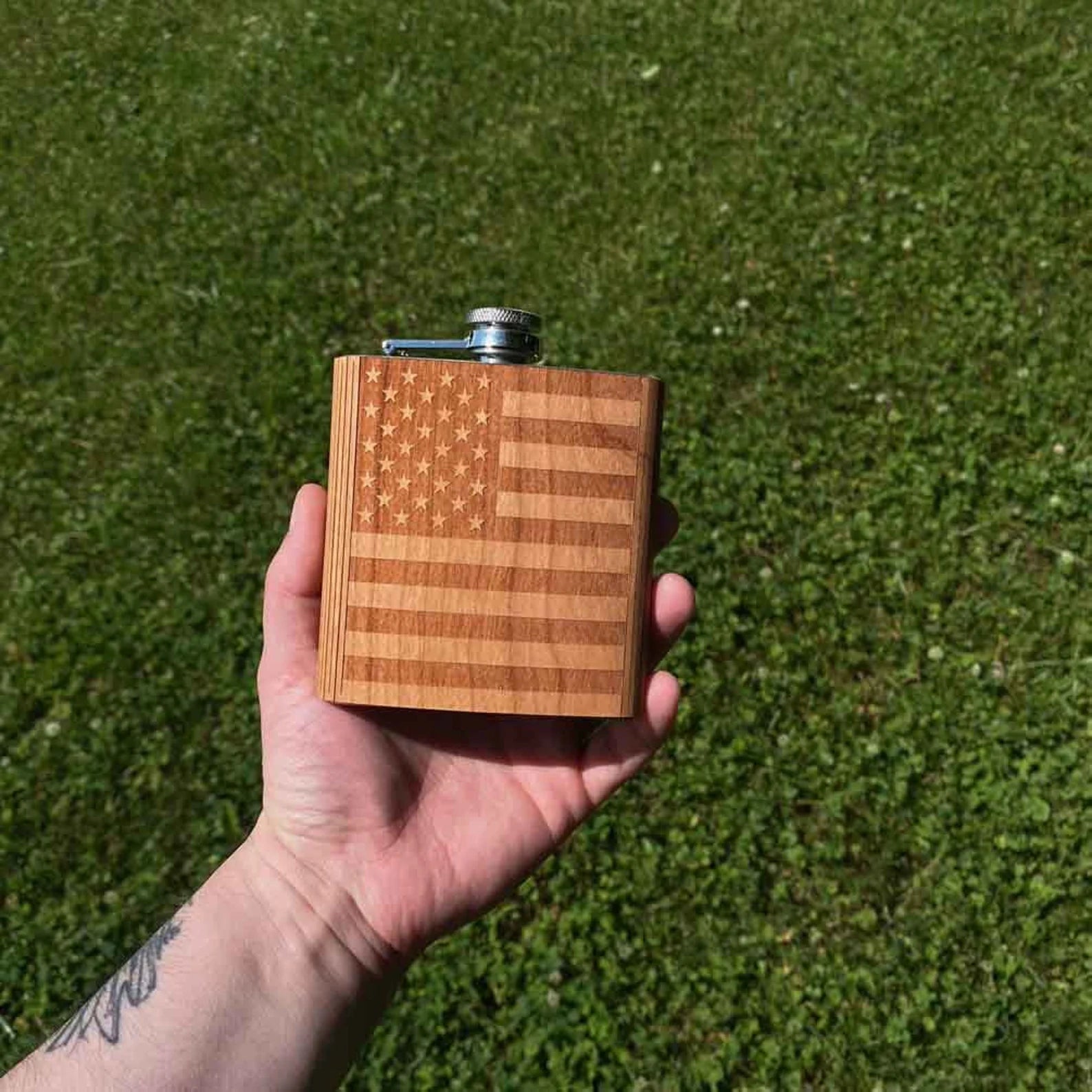 American Flag - Wooden Hip Flask For the Bar Autumn Woods