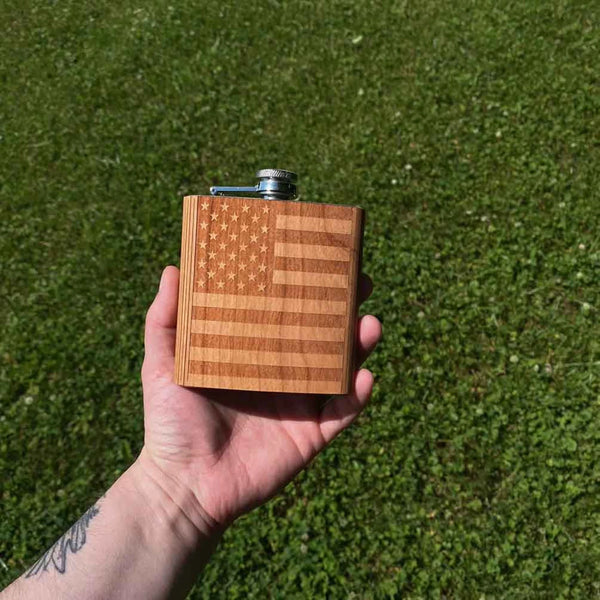American Flag - Wooden Hip Flask For the Bar Autumn Woods