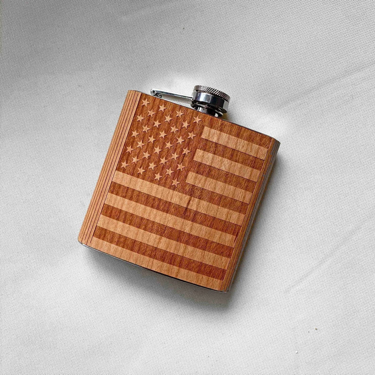 American Flag - Wooden Hip Flask For the Bar Autumn Woods