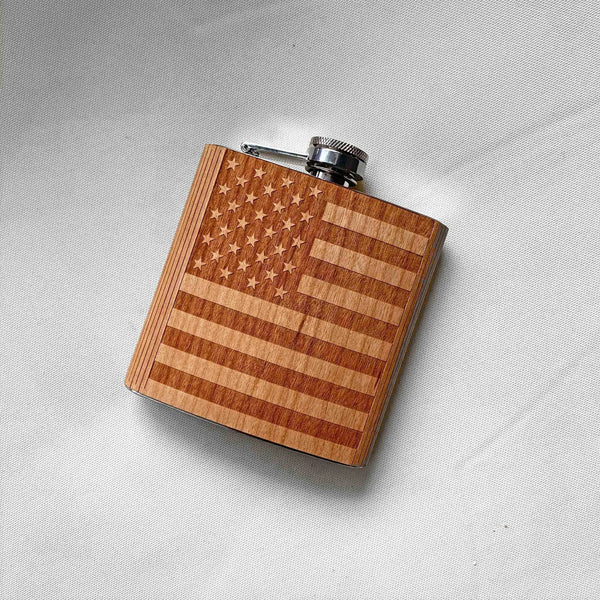 American Flag - Wooden Hip Flask For the Bar Autumn Woods