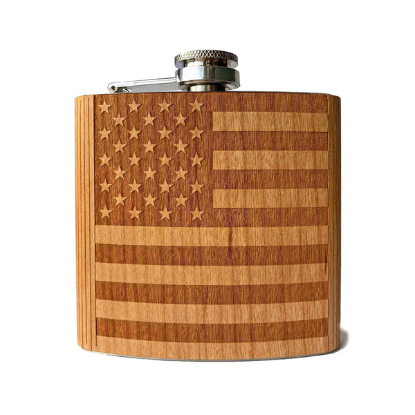 American Flag - Wooden Hip Flask For the Bar Autumn Woods