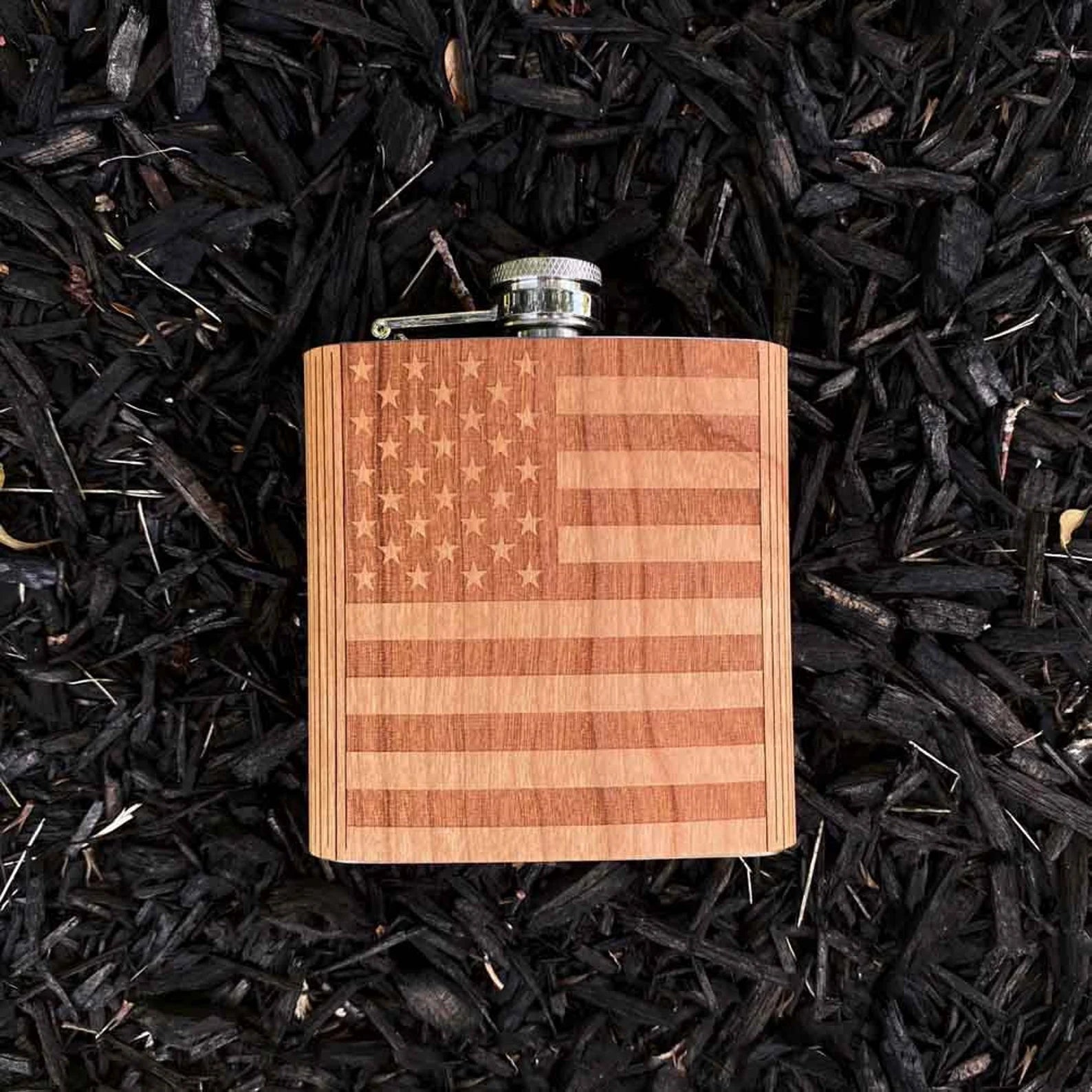 American Flag - Wooden Hip Flask For the Bar Autumn Woods