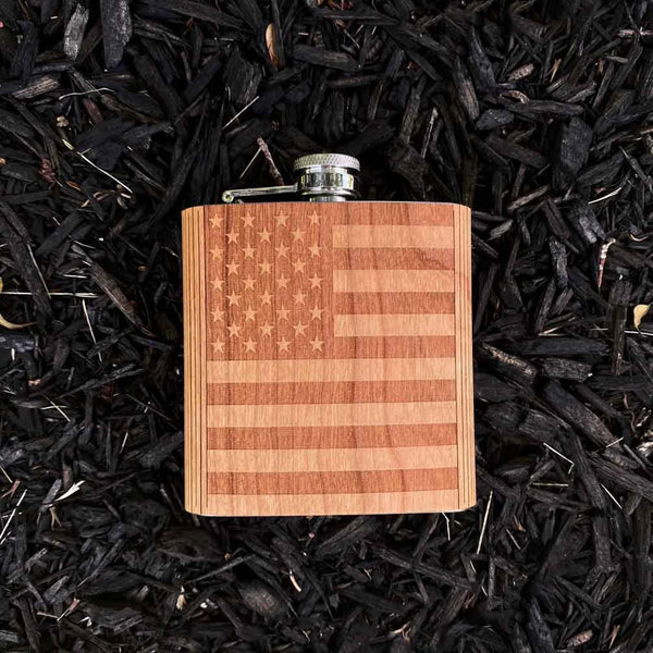 American Flag - Wooden Hip Flask For the Bar Autumn Woods