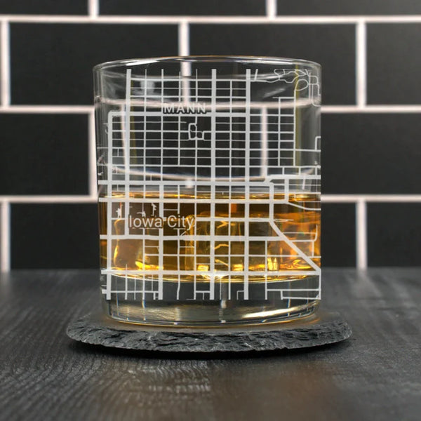 City Map Rocks Glass - Top 50 US Cities For the Bar Hometown Gifts Iowa City IA