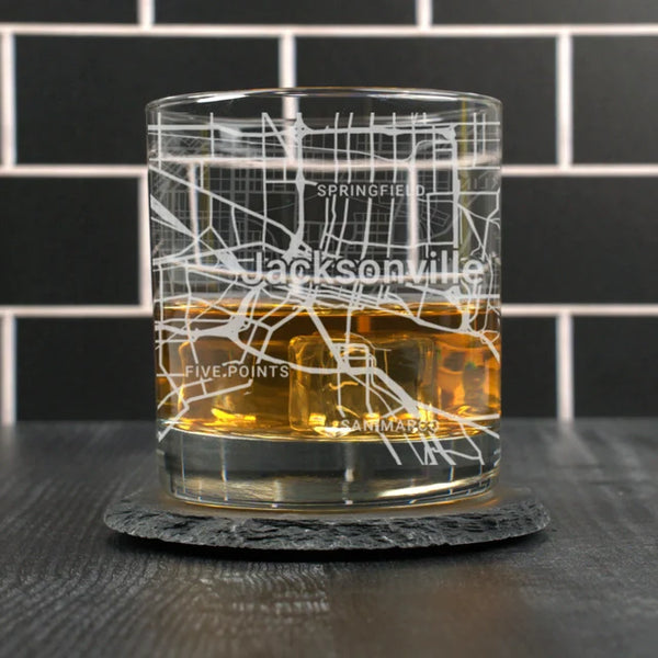 City Map Rocks Glass - Top 50 US Cities For the Bar Hometown Gifts Jacksonville FL