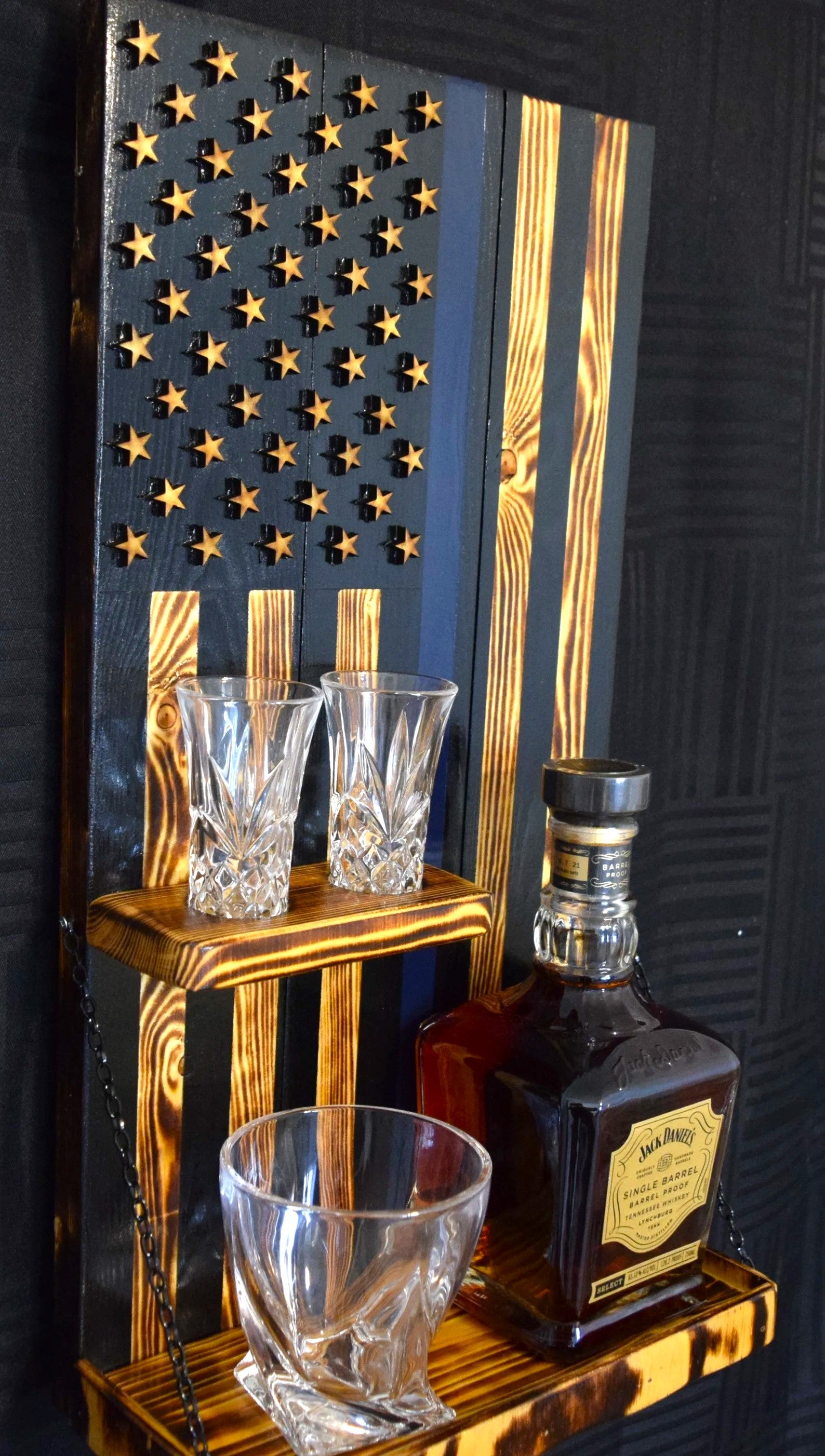 Whiskey Bottle Rack - Thin Blue Line With Shot Glass Shelf For the Bar 13 Stripes