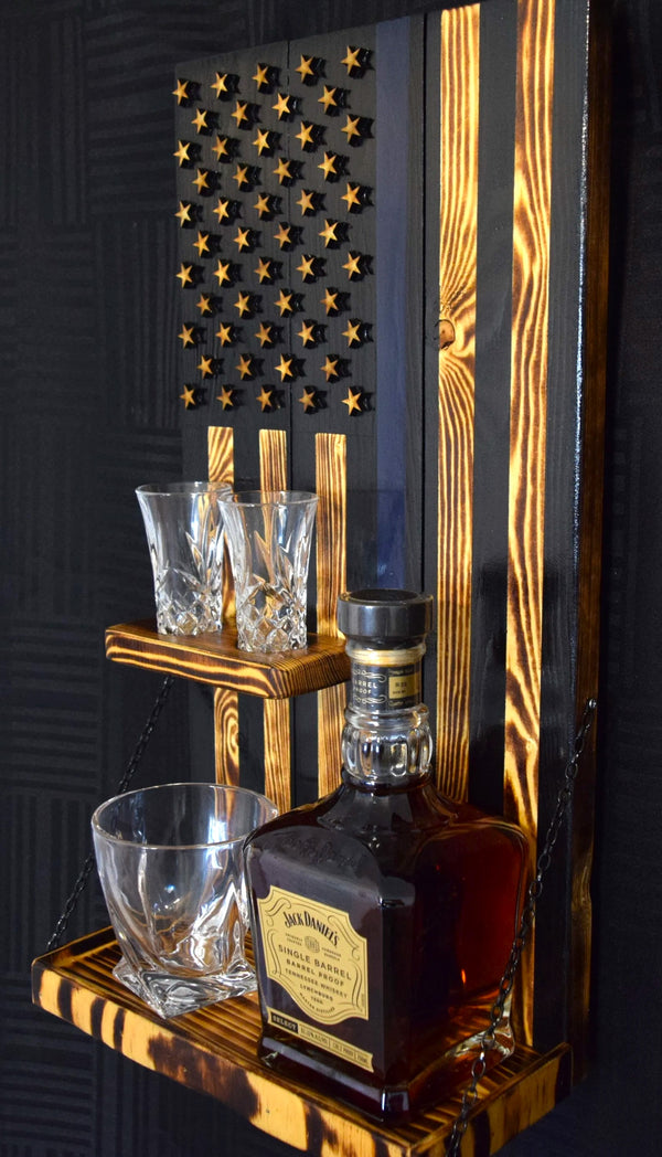 Whiskey Bottle Rack - Thin Blue Line With Shot Glass Shelf For the Bar 13 Stripes