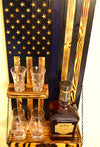 Whiskey Bottle Rack - Thin Blue Line With Shot Glass Shelf For the Bar 13 Stripes