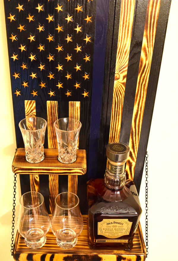 Whiskey Bottle Rack - Thin Blue Line With Shot Glass Shelf For the Bar 13 Stripes