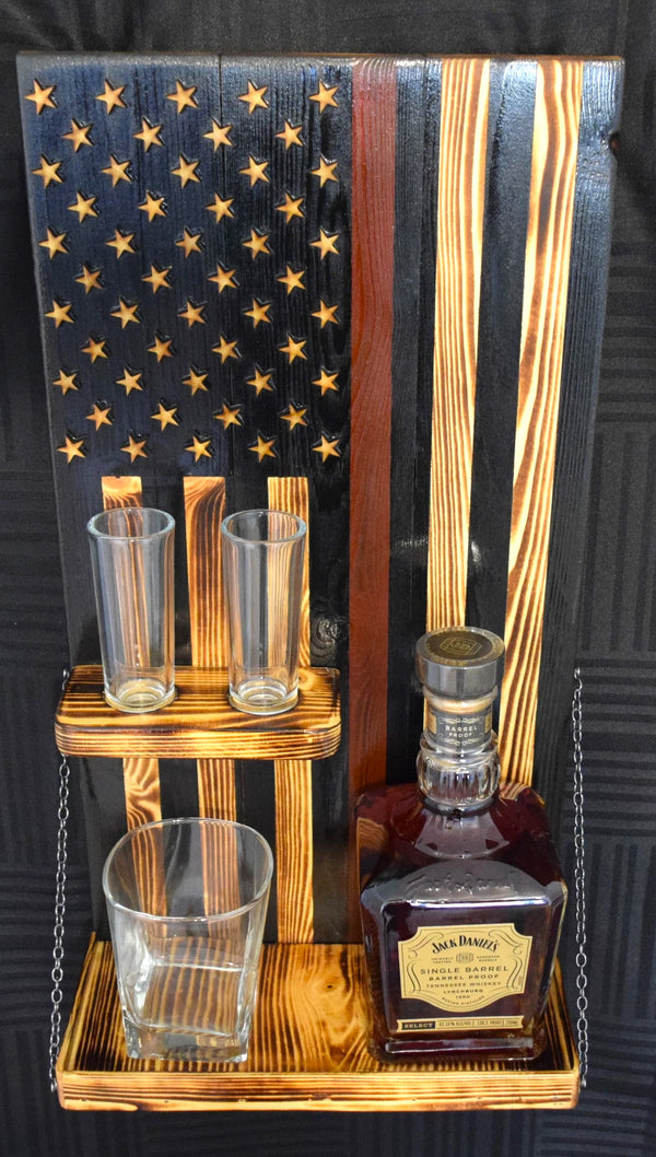 Whiskey Bottle Rack - Thin Red Line With Shot Glass Shelf For the Bar 13 Stripes