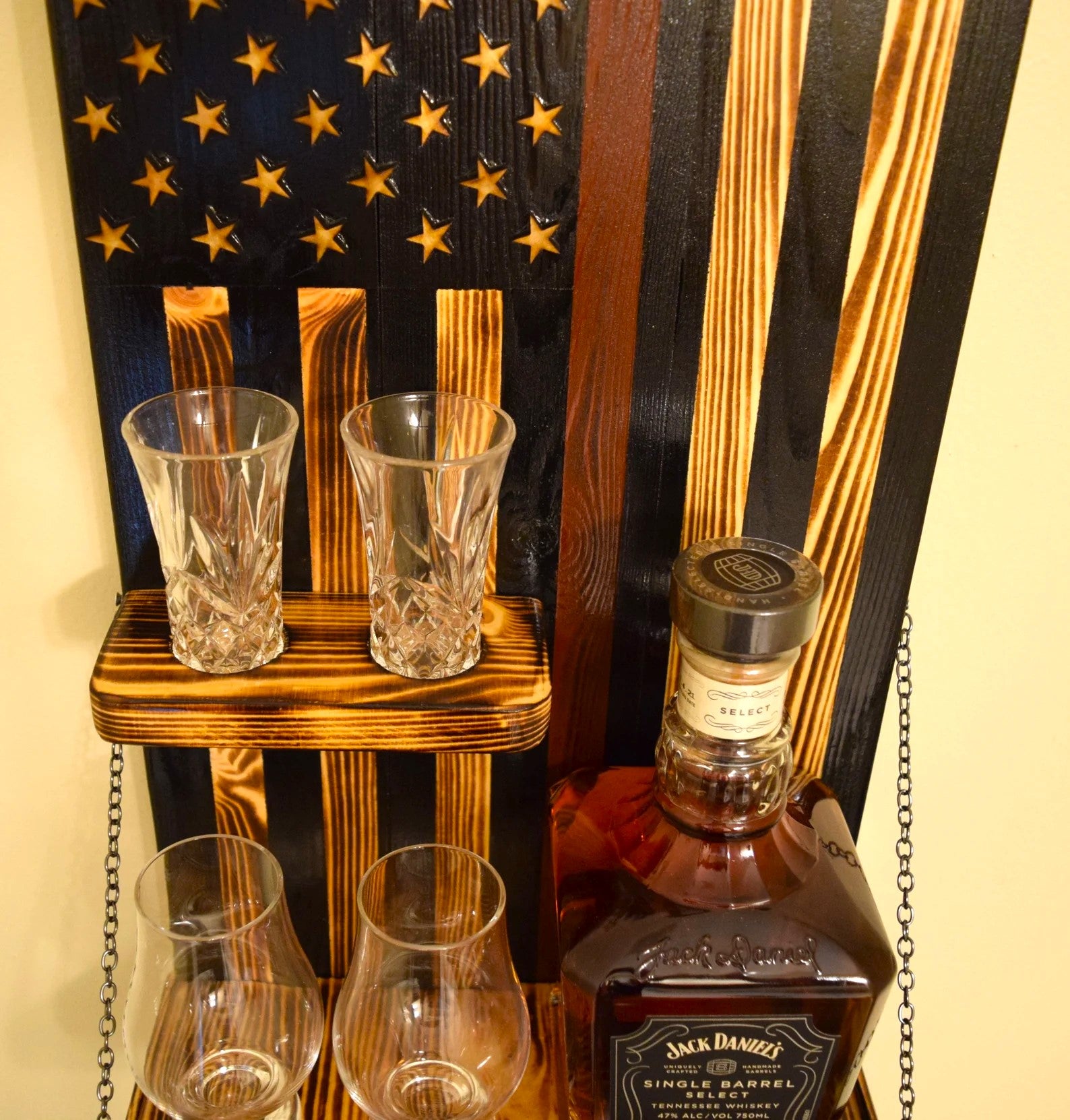 Whiskey Bottle Rack - Thin Red Line With Shot Glass Shelf For the Bar 13 Stripes