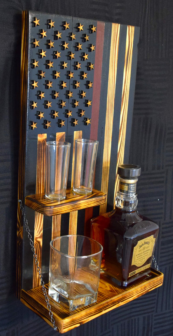 Whiskey Bottle Rack - Thin Red Line With Shot Glass Shelf For the Bar 13 Stripes