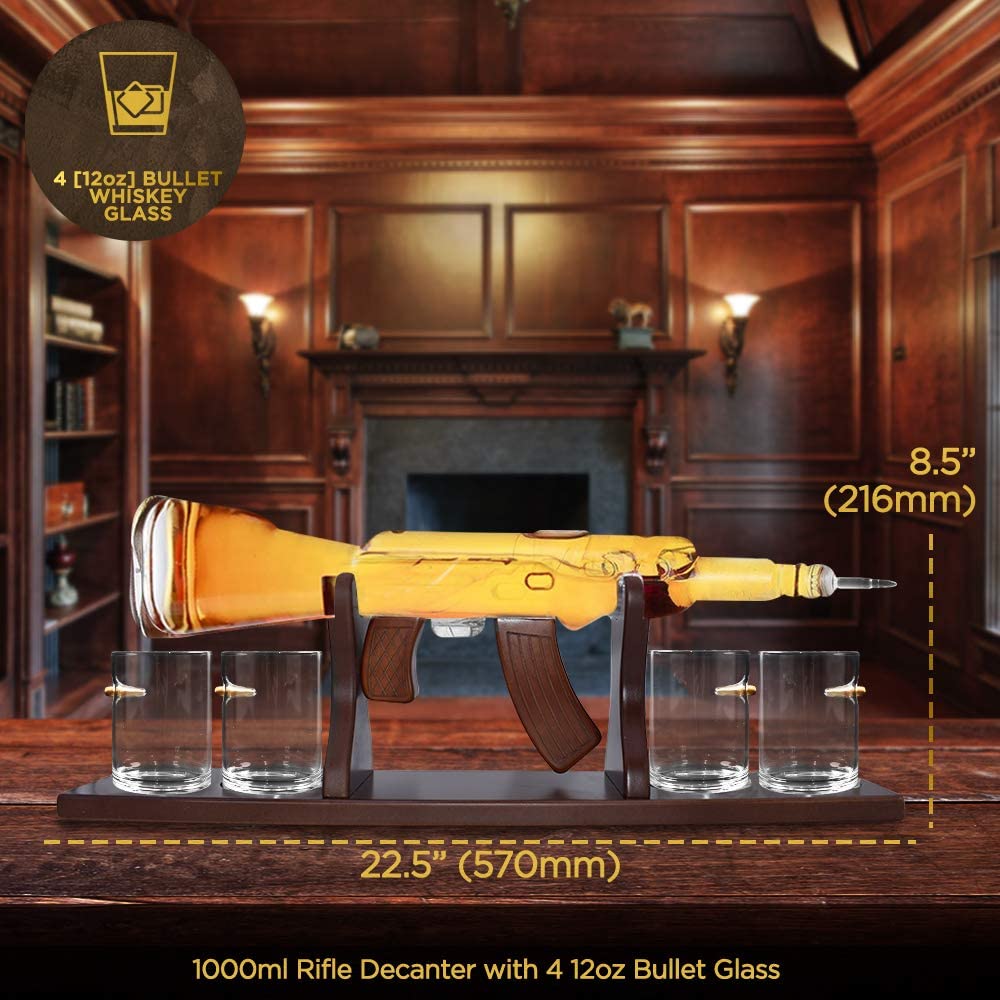 Machine Gun Whiskey Decanter Set - with 4 Bullet Rocks Glasses For the Bar The Diamond Glassware