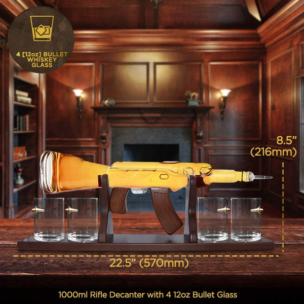 Machine Gun Whiskey Decanter Set - with 4 Bullet Rocks Glasses For the Bar The Diamond Glassware