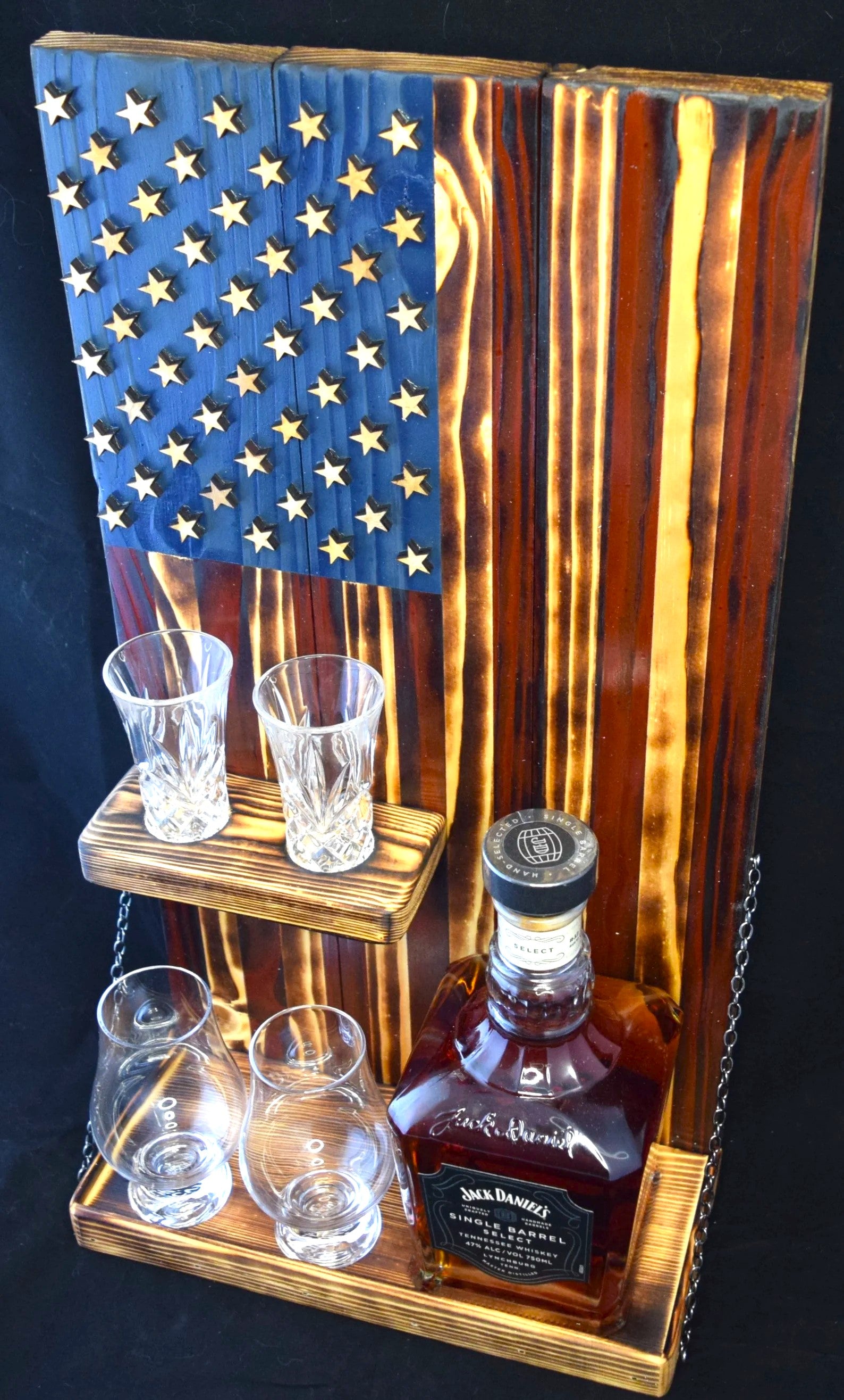 Whiskey Bottle Rack - Blue with Red With Shot Glass Shelf For the Bar 13 Stripes