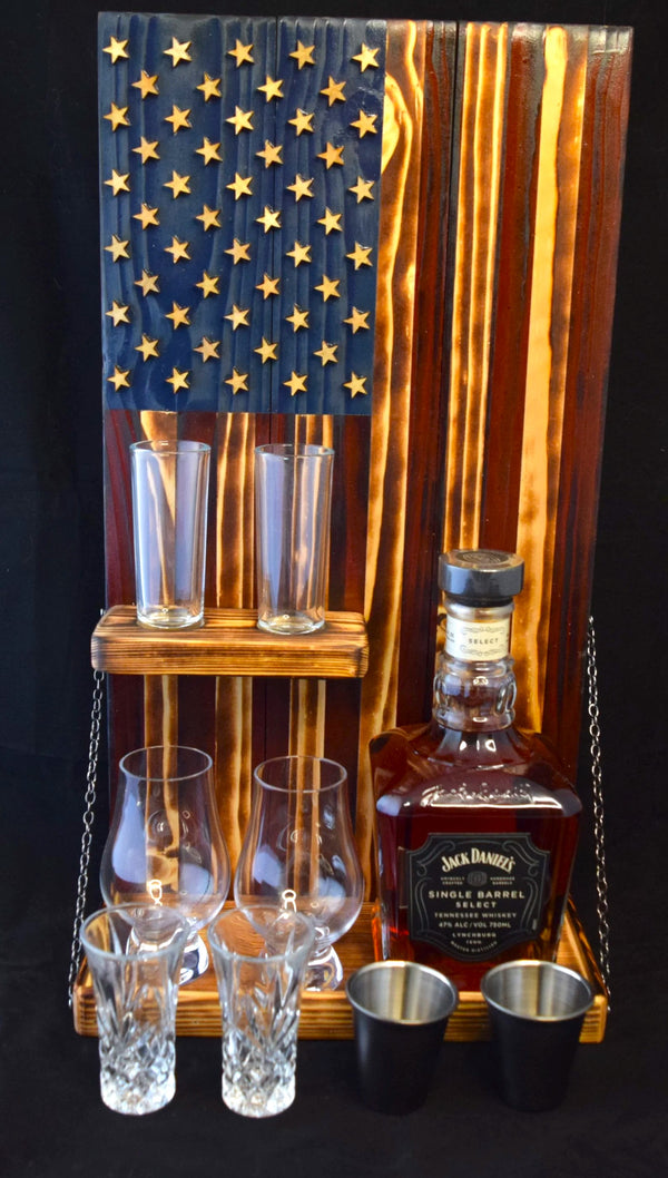 Whiskey Bottle Rack - Blue with Red With Shot Glass Shelf For the Bar 13 Stripes