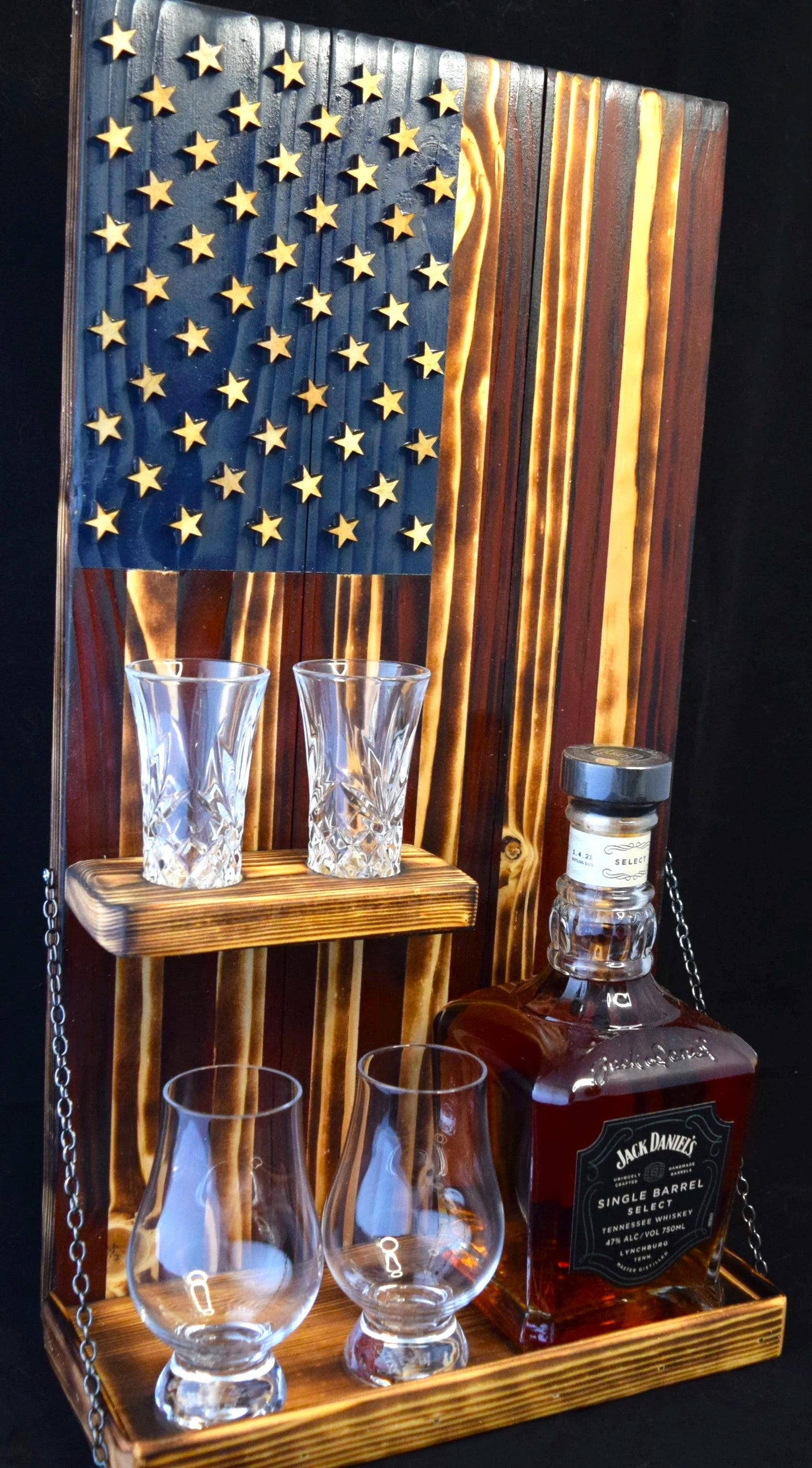Whiskey Bottle Rack - Blue with Red With Shot Glass Shelf For the Bar 13 Stripes