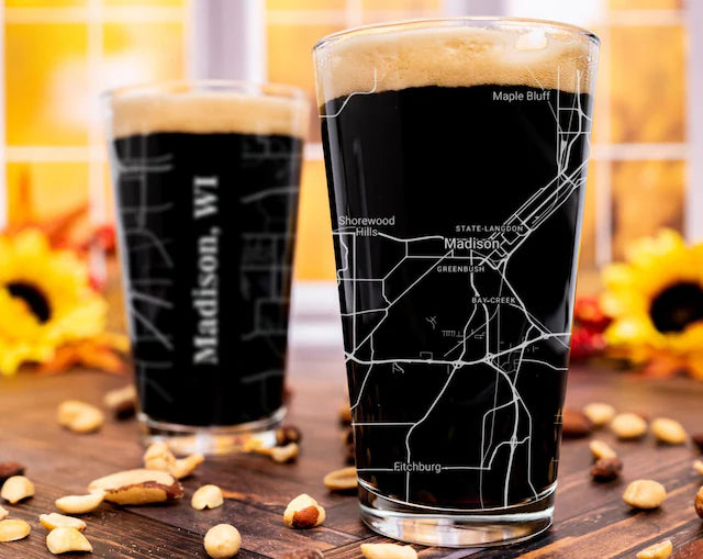 City Map Pint Glass - Top 50 US Cities For the Bar Hometown Gifts Madison WI