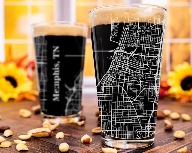 City Map Pint Glass - Top 50 US Cities For the Bar Hometown Gifts Memphis TN