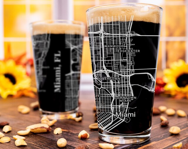 City Map Pint Glass - Top 50 US Cities For the Bar Hometown Gifts Miami FL