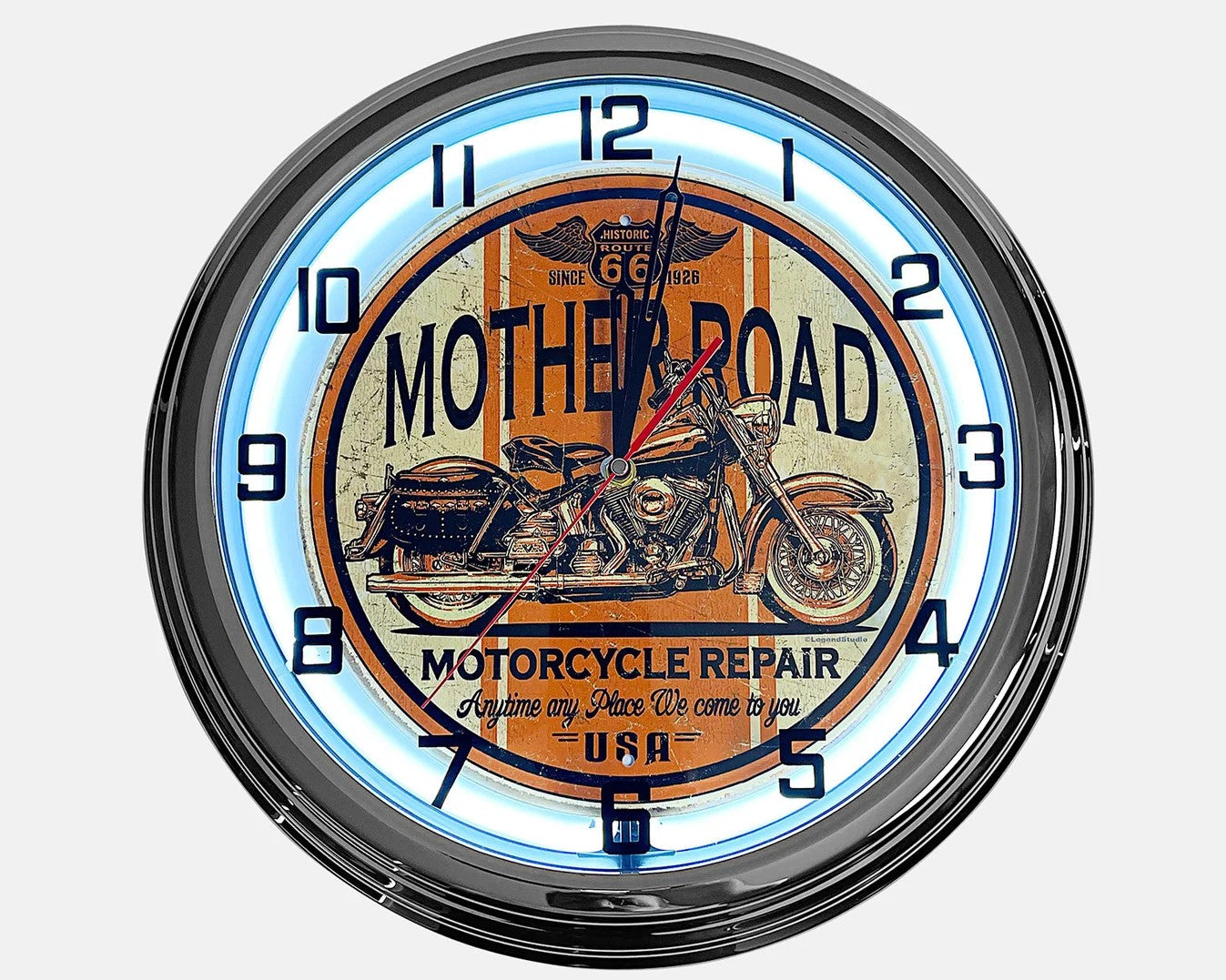 Mother Road Motorcycle Repair - Metal White Neon Clock For the Gear Head Sign Box Co.