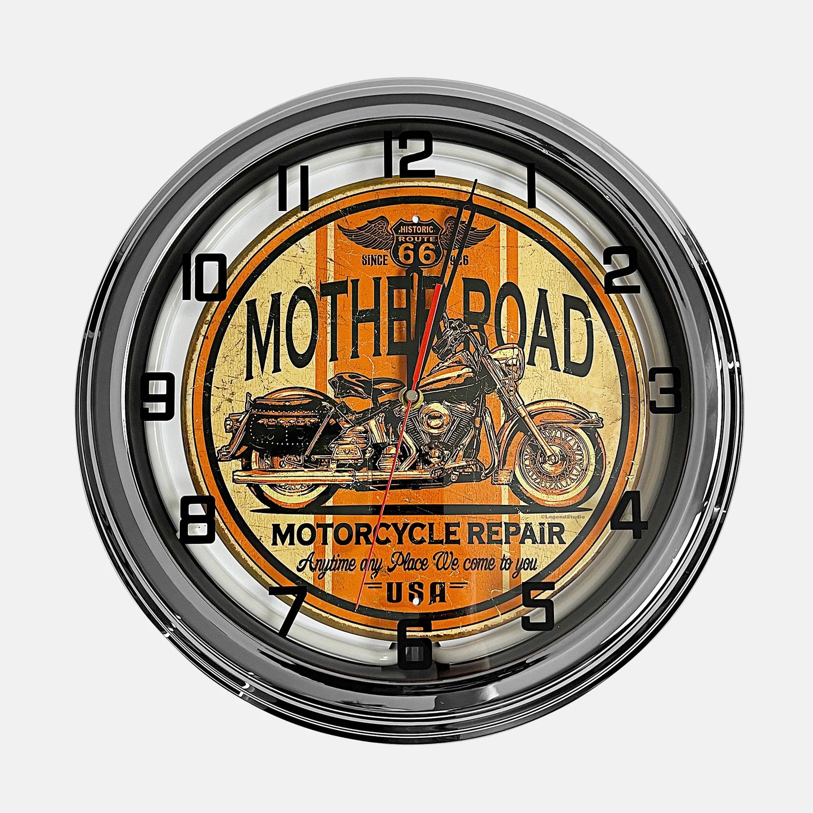 Mother Road Motorcycle Repair - Metal White Neon Clock For the Gear Head Sign Box Co.