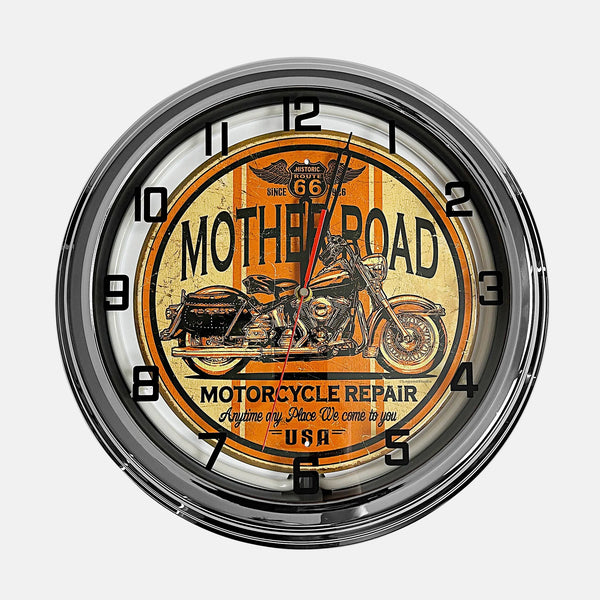 Mother Road Motorcycle Repair - Metal White Neon Clock For the Gear Head Sign Box Co.