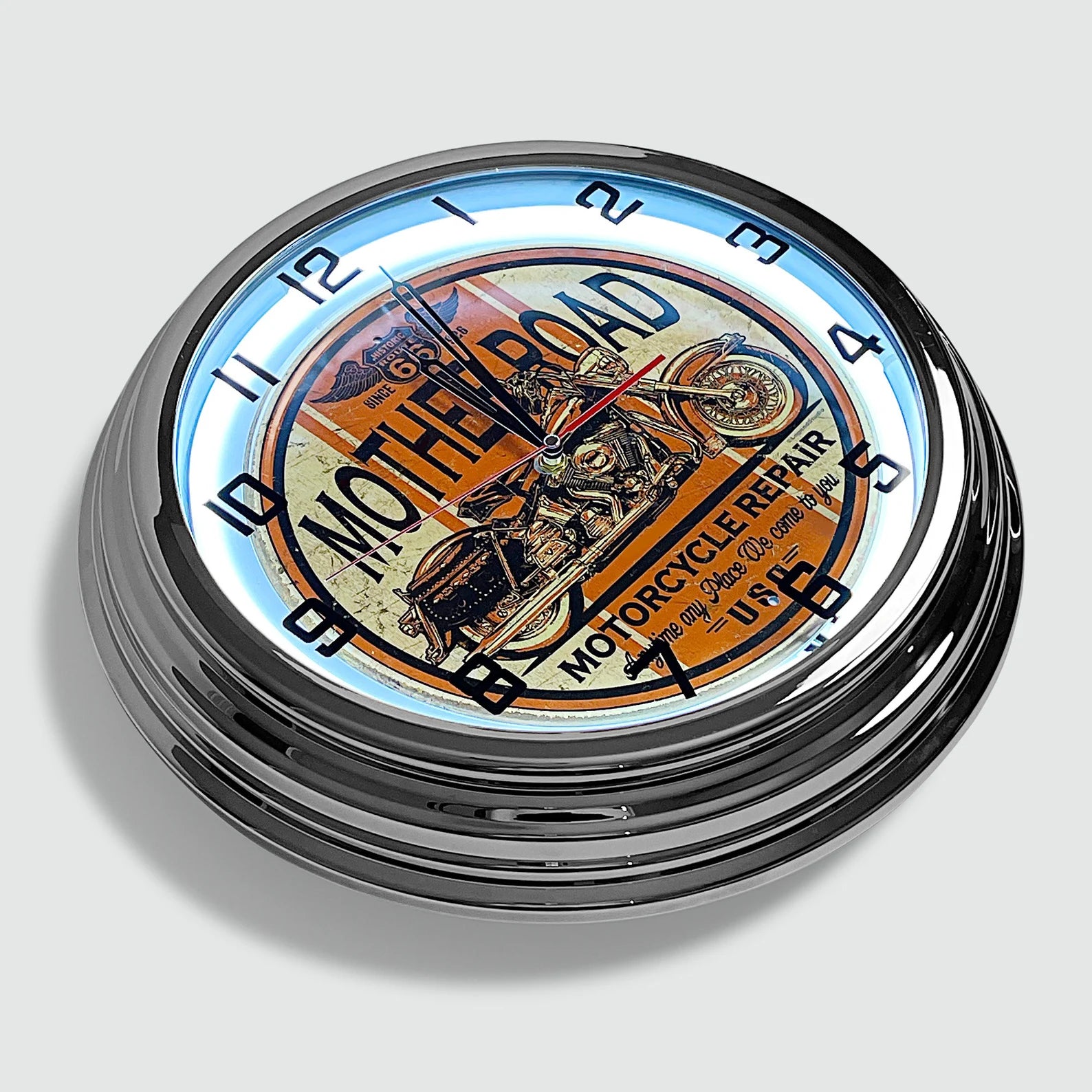 Mother Road Motorcycle Repair - Metal White Neon Clock For the Gear Head Sign Box Co.