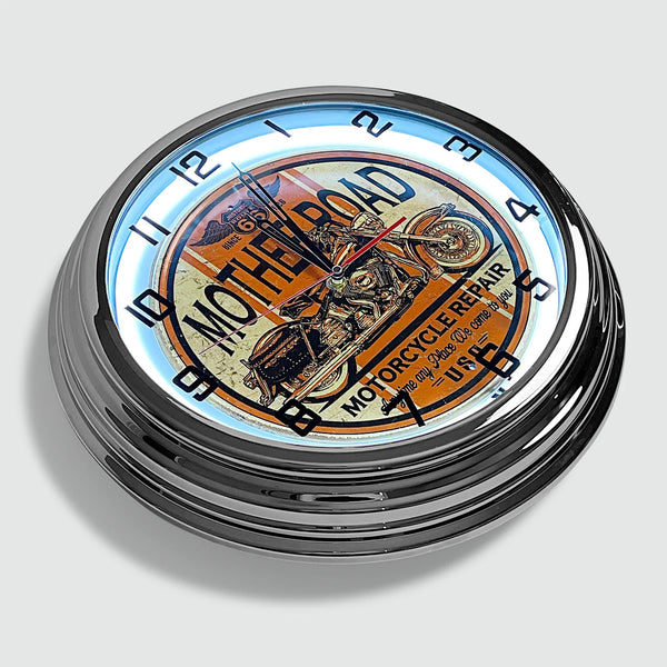 Mother Road Motorcycle Repair - Metal White Neon Clock For the Gear Head Sign Box Co.
