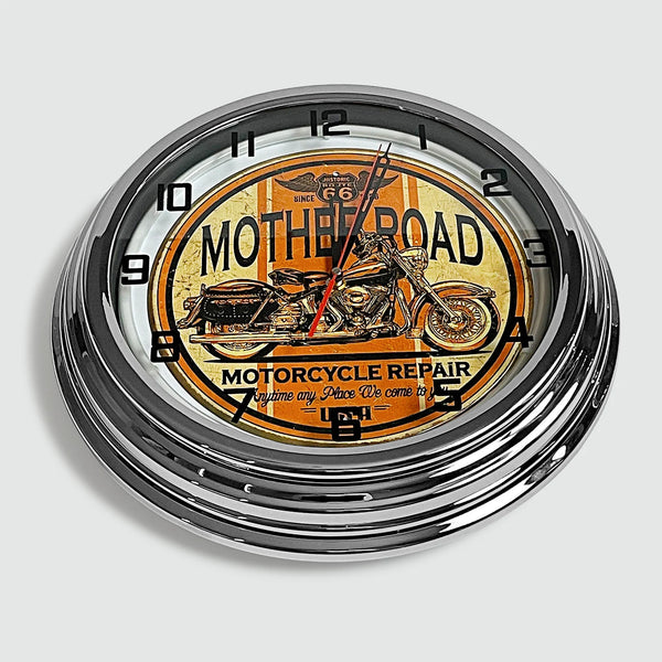 Mother Road Motorcycle Repair - Metal White Neon Clock For the Gear Head Sign Box Co.